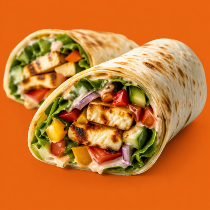 Loaded Veggie Halloumi Wrap from Spice Boxx with grilled halloumi, fresh vegetables and creamy sauce
