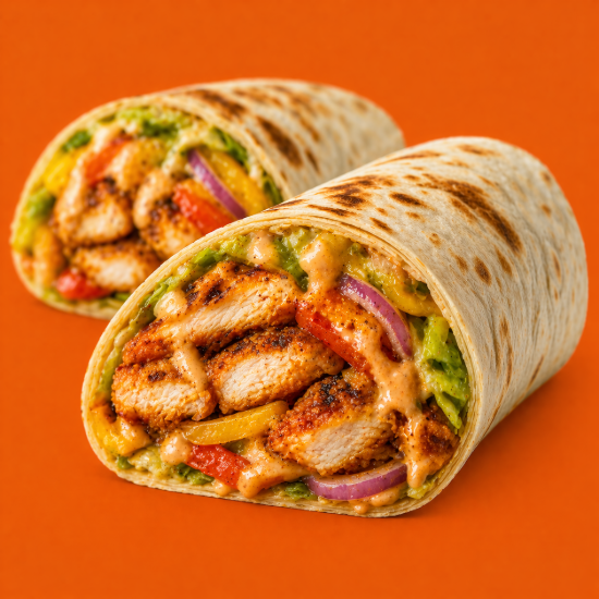Spicy Peri Chicken Wrap with peri-peri chicken, onions, peppers and peri mayo on an orange background